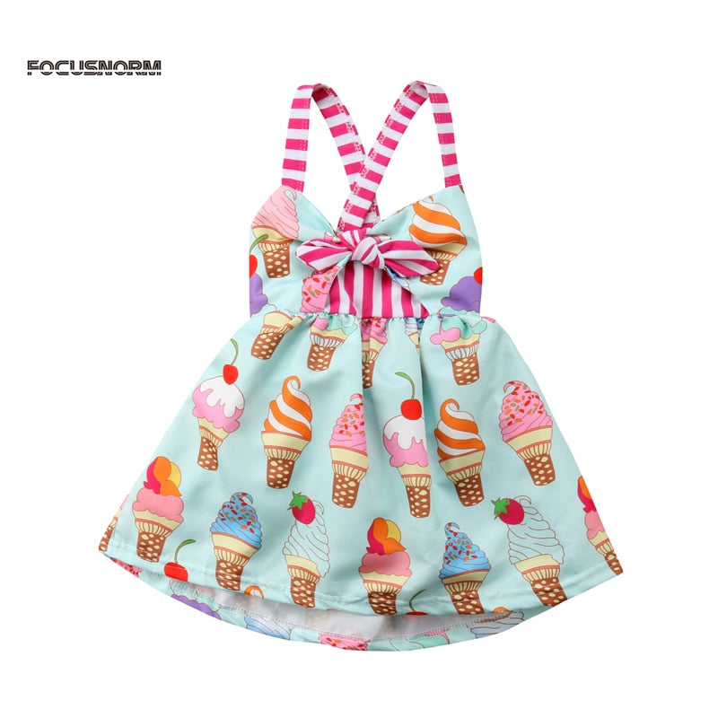 lioraitiin New Fashion Print Ice-cream Kids Baby Girls Dress Party Princess Backless Strap Dress Sundress Clothes